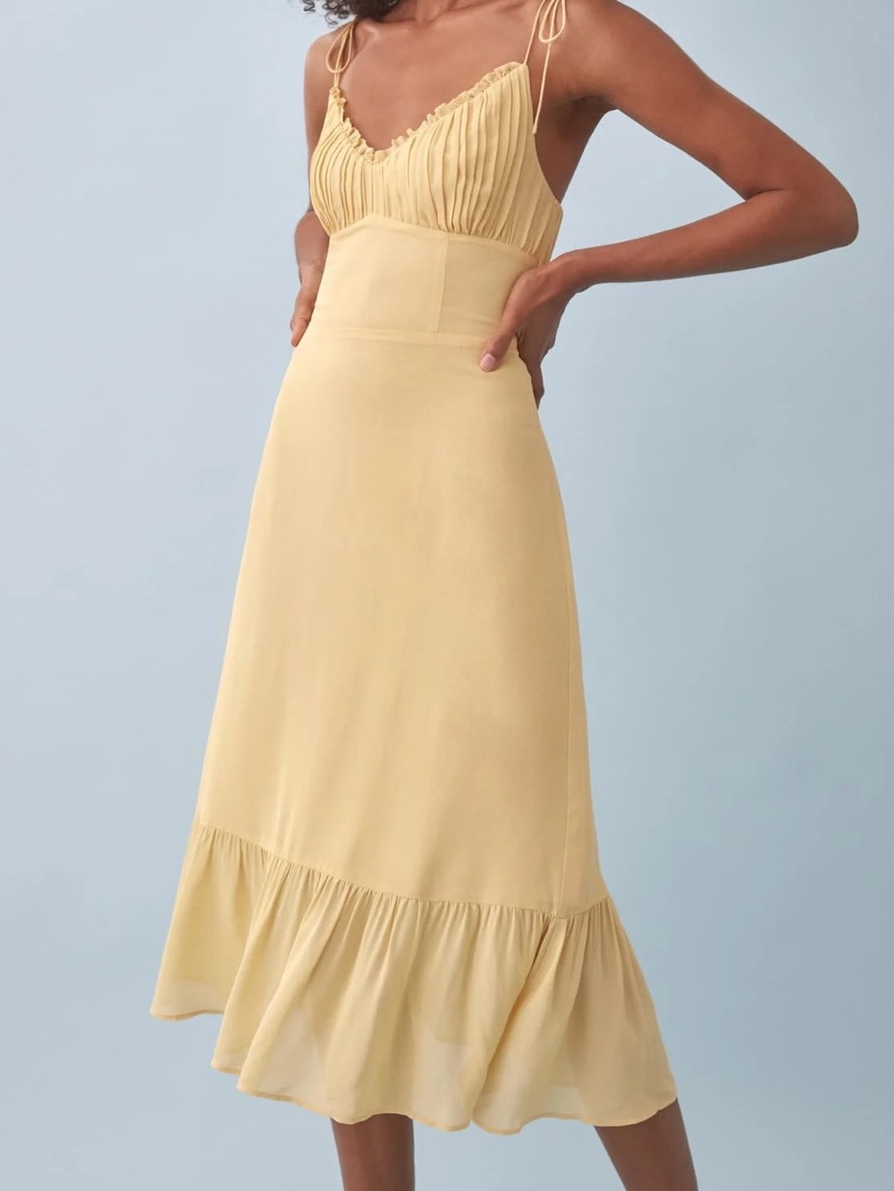 Reformation Yellow Midi Slip Dress with Ruffle Hem
